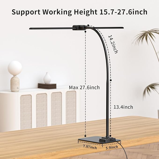LED Desk Lamp Double Light: 1200LM Desk Light Base for Home Office, Black | Dual Screen Computer Monitor Light, Architect Table Lamp for Working Reading Drafting,Dimmable 4 Colors Memory 30-Min Timer