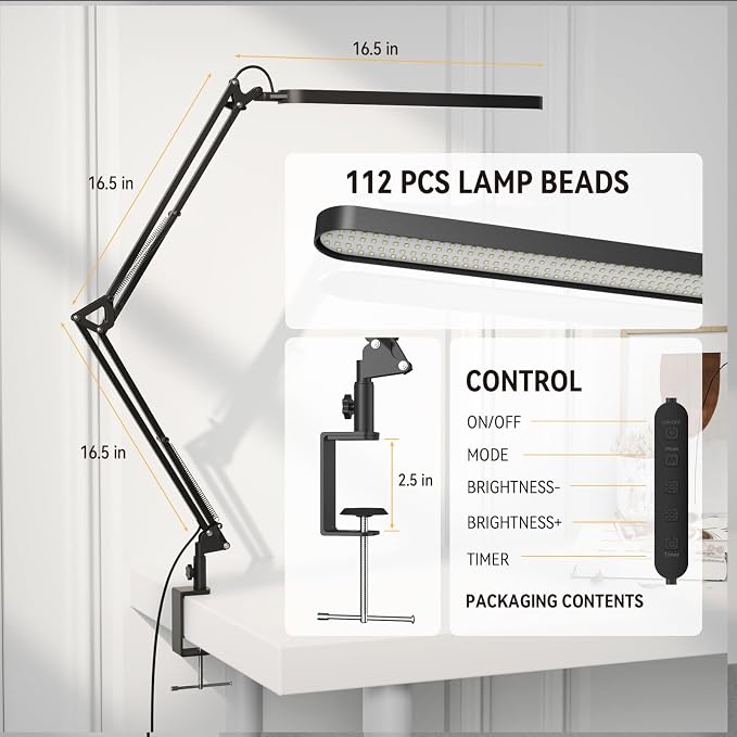 Desk Lamp for Home Office, Eye Comfortable LED Desk Light for Long Hours, Adjustable Swing Arm with Memory Function, Black