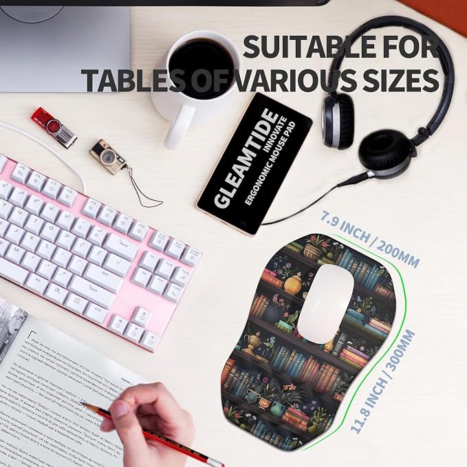 Ergonomic Raised Mouse Pad Wrist Support with Bilateral Slope Memory Foam Mousepad for Wrist Rest and Carpal Tunnel Pain Relief 11.8x7.9〃Bookshelf