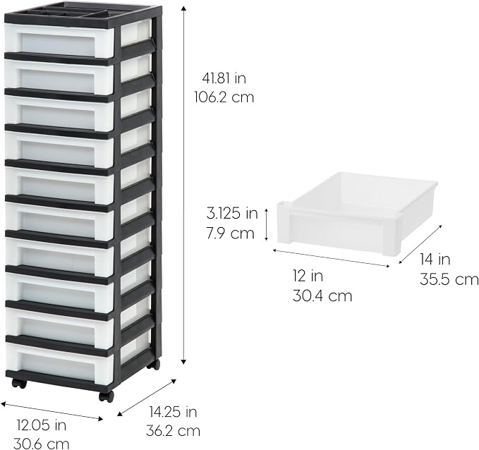 IRIS USA 10-Drawer Rolling Storage Cart, Black/Pearl | Keep classroom supplies, teacher essentials, craft materials, and learning tools organized with easy-access drawers.