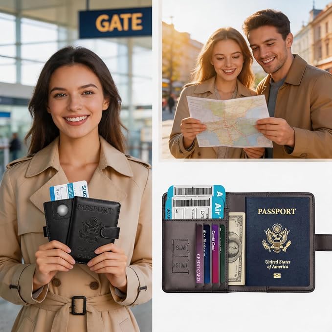 Passport Holder with Air-Tag Slot RFID Blocking Leather Travel Wallet | Multiple Card Compartments, SIM Card Access, Compact Carry Design, Flight Ready Essentials for Men & Women, Black