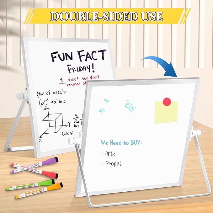Double-Sided Magnetic White Board with Stand, 10" x 10" | Dry Erase Board with Stand, Desktop Whiteboard Easel , Portable Small White board dry erase for Drawing, Office, Home