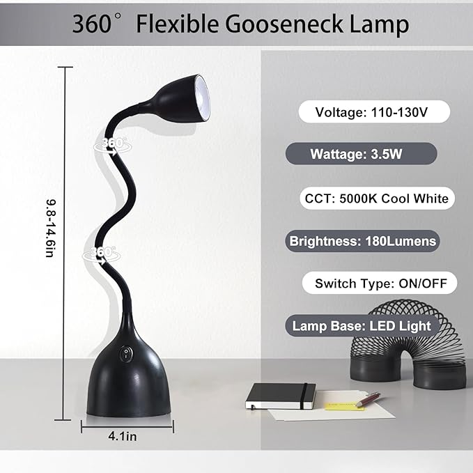 EJIAXIN Desk Lamp for Home Office, LED Reading Light, Small Adjustable Flexible Gooseneck Table Lamp, Eye-Caring Desk Lamp for College Dorm Room Study Lamp, Black