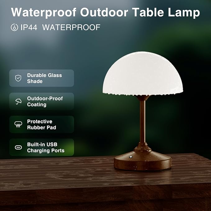 Mushroom Lamp Cordless Lamp Table Lamp,Outdoor Waterproof Shower Lamps,5000mAh Rechargeble Battery Operated Dimmable Touch Desk Lamps,LED Night Light for Bathroom Patio Camping Outdoor/Walnut