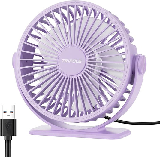 TriPole Desk Fan USB Powered Small Portable Quiet Mini Personal Plug In Fan | Purple, 3 Speeds, 360°Rotation, Desk Fans Small Quiet, 4.9ft Cable, Strong Breeze for Desktop Bedroom Office Table Travel