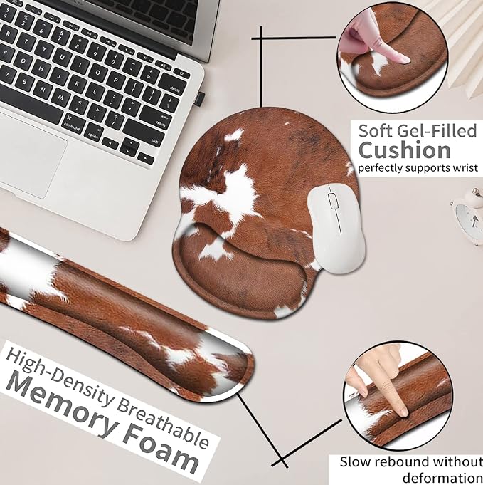 Keyboard Wrist Rest and Mouse Pad with Wrist Support Ergonomic Mousepad Coaster, Easy Typing Pain Relief Keyboard Set, Memory Foam Keyboard Wrist Rest,Cowhide Farm Animal Skin Leopard Brown Cow