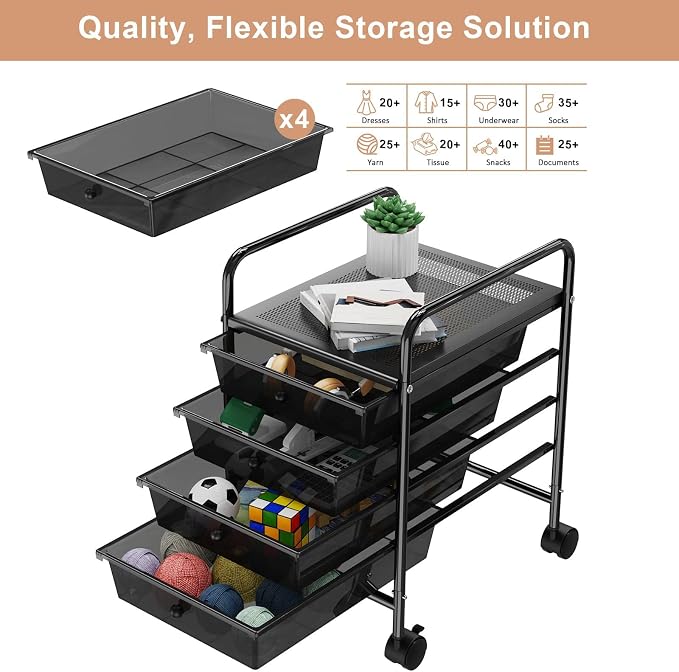 Rolling Storage Cart with Drawers 4-Tier Office Transparent Black | Utility Cart with 4 Drawers & 2 Lockable Caster Wheels, Multipurpose Mobile Drawer Cart for School Bathroom Kitchen