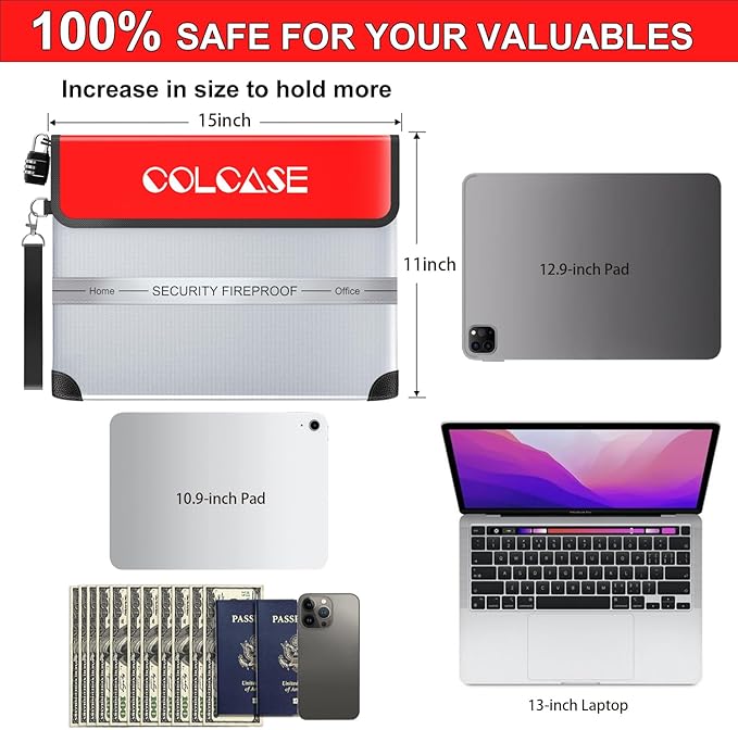 COLCASE Fireproof Document Bag 5200℉ Heat Insulated Waterproof Fireproof | Silicone Coated Fiberglass Fireproof Bag wih Lock 15x11 inches Zipper Bag Silver