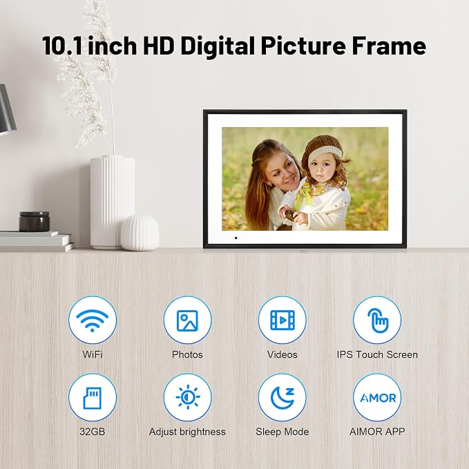 Digital Picture Frame 10.1 Inch WiFi Digital Photo Frame IPS HD Touch Screen Smart Cloud Photo Frame with 32GB Storage, Auto-Rotate, Easy Setup to Share Photos or Videos Remotely via AiMOR APP