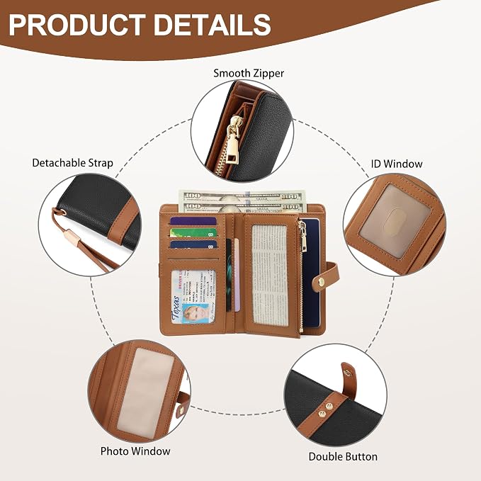 Small Wallet Women RFID Blocking Vegan Leather Slim Thin Bifold Credit Card Wallet Passport Holder Ladies Travel Wallet Mini Purse with Zipper Pocket