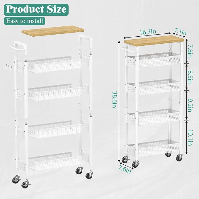 Slim Storage Cart 5 Tier Narrow Kitchen Rolling Cart on Wheels for Small Space, Metal Utility Cart Narrow Bathroom Storage Cabinet Mobile Shelf Unit Organizer with Wood Top and Handle, White