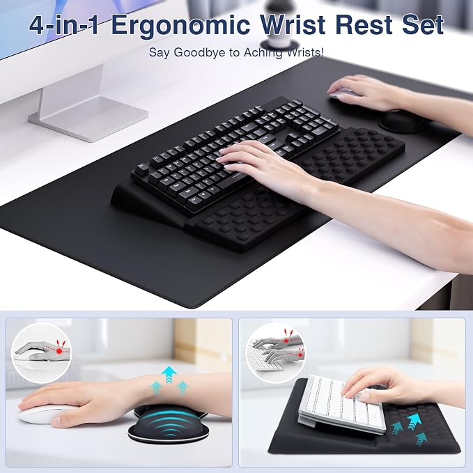 Ospelelf Keyboard Wrist Rest Stand Pad and Ergonomic Mouse Pad Set with Large Mousepad, Memory Foam Comfort, Premium Office Desk Accessories for Pain Relief, Black