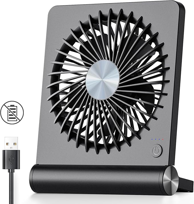 Koonie USB Desk Fan, Strong Wind Ultra Quiet Small Mini Fan | 220° Tilt Folding & 3 Speeds Adjustable, USB-C Powered Personal Fan for Home Office Desktop, Black, NO BATTERY
