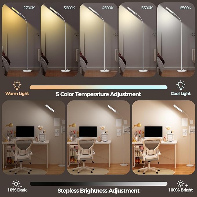 LED Floor Lamp for Living Room, Bright Reading Lamps for Office | 5 Adjustable Colors Temperatures&Brightness, Dual Head Goose Neck Standing Lamp, Remote Control, Eye-Caring Tall Lamp, White