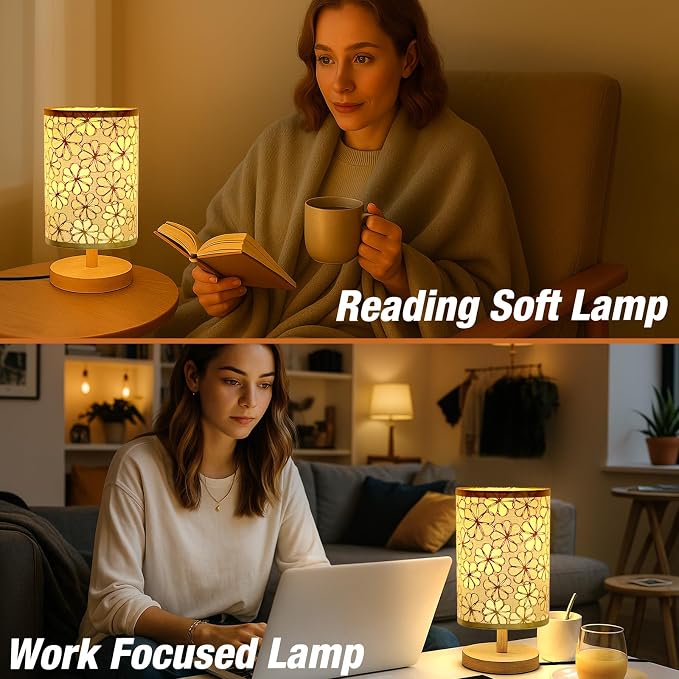 Desk Lamp LED Bulb Included, Small Bedside Table Lamp Plug-in - Classic Wood Base with Flaxen Fabric Shade, Lamps for Night Stands, Simple Nightstand Light for Bedroom, Office, Desk