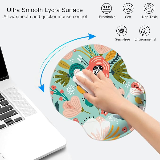 Mouse Pad with Wrist Support, Non Slip Mousepad Wrist Rest for Office, Computer, Laptop & Mac-Comfortable & Lightweight Ergonomic Support Mouse Mat(Wrist-Green Floral)