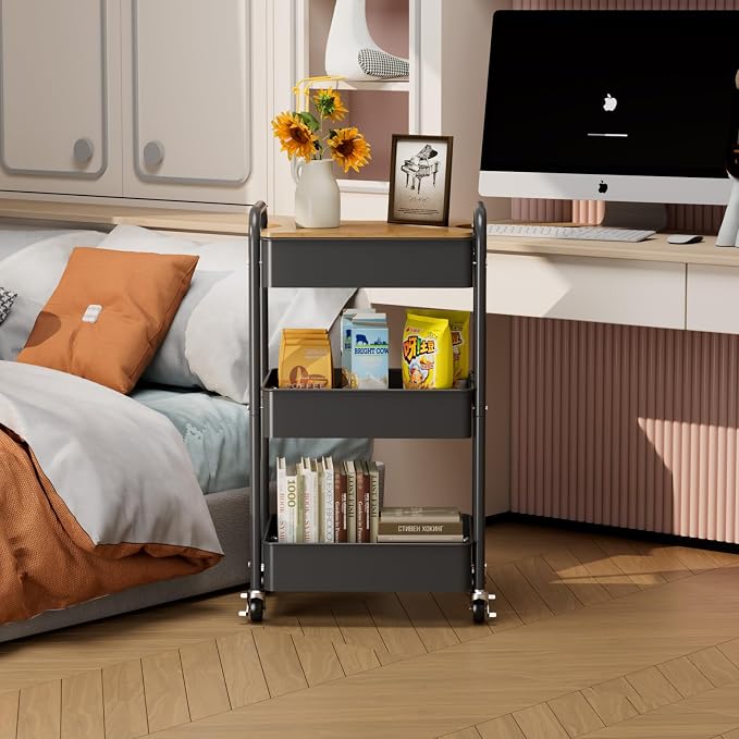 3-Tier Rolling Cart with Table Top, Metal Utility Cart on Wheels | Sturdy Storage Organizer Cart with Lockable Wheels&Hooks for Craft, Office, Classroom, Kitchen and Bathroom, Black