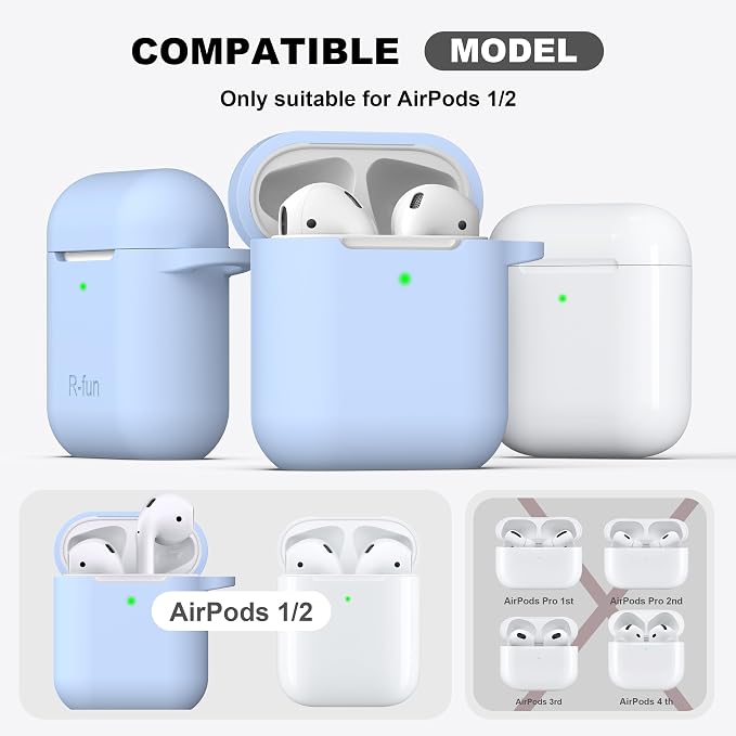 R-fun for AirPods 1/2 Case, Soft Silicone Protective Cover with Keychain and Cleaning Pen, Compatible with AirPods 2nd/1st Generation (2016/2019), Full Drop Protection Cover, Sky Blue