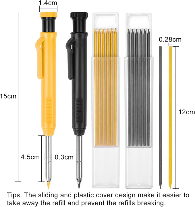 MECHEER 2 Pack Carpenter Pencils Construction Pencil with 12 Refills, Mechanical Carpenter Pencils with Built-in Sharpener, Long Nib Deep Hole Heavy Duty Woodworking Pencil Marker (Black, Yellow)