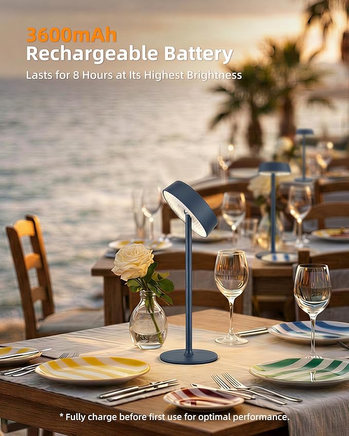 EZVALO Cordless Lamp, Rechargeable Table Lamp, Battery Operated | Portable Outdoor Waterproof, 3 Color Temps RGB, Dimmable Touch Control, LED Memory Function, Restaurant Dining Patio Blue 1Pc