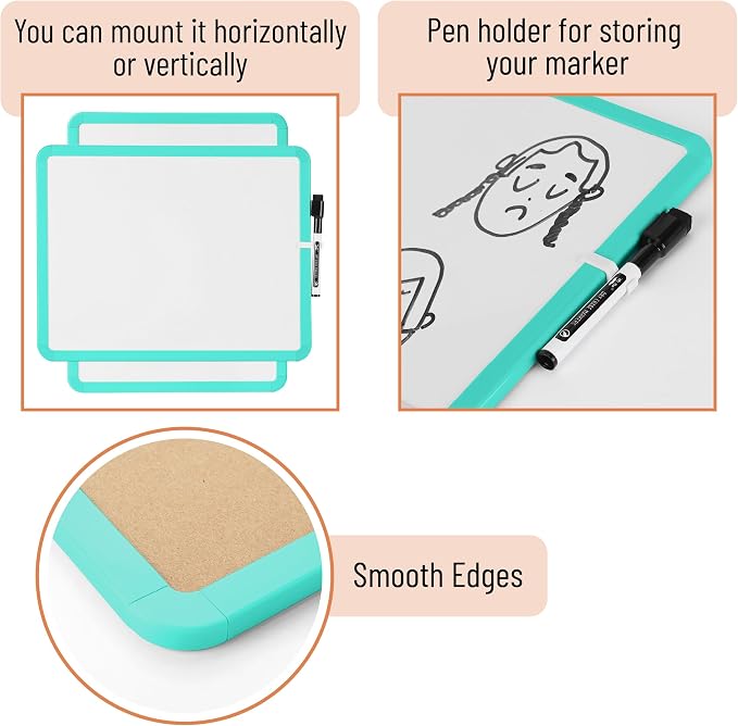 Mr. Pen- Dry Erase Board, 14” x 11” with a Black Dry Erase Marker | Aqua Blue Frame, Small Mini White Board for Students, Fridge, Wall, Locker, Includes Double Sided Tapes