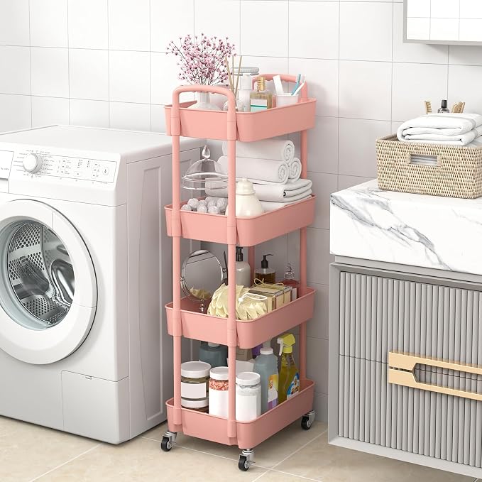 Sywhitta 4-Tier Plastic Rolling Utility Cart with Handle, Multi-Functional Storage Trolley for Office, Living Room, Kitchen, Movable Storage Organizer with Wheels, Pink | Multi-Functional Storage Trolley, for Office, Living Room, Kitchen, Bathroom,Mova...