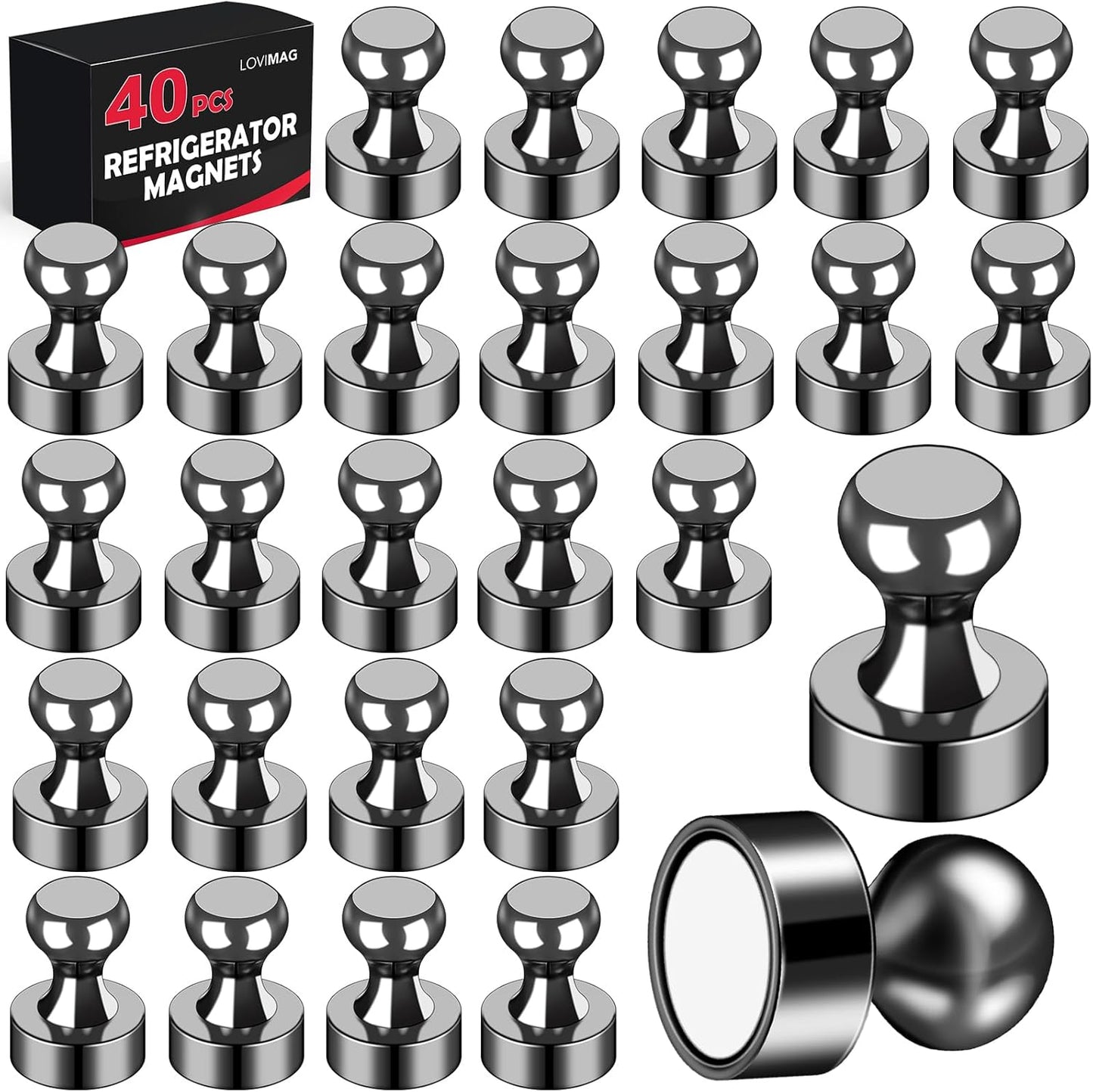 LOVIMAG 40Pcs Black Refrigerator Magnets, Strong Metal Fridge Magnets, Solid Black Style, 0.47in x 0.63in, Set of 40