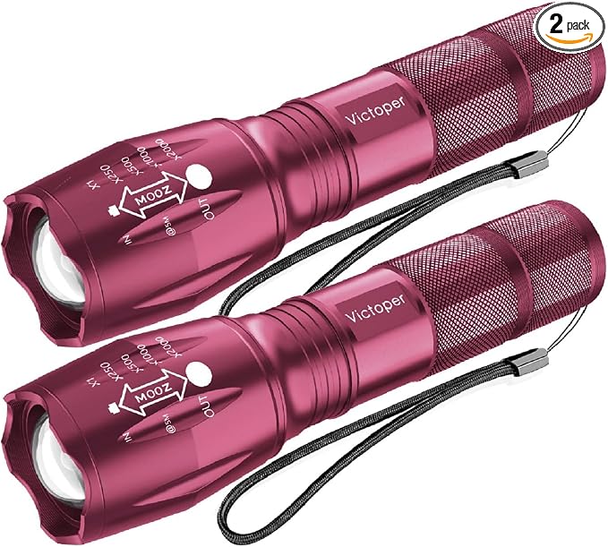Victoper LED Flashlight 2 Pack Pink, Bright Tactical Torch High Lumens 5 Modes, Waterproof Zoomable Flash Light for Outdoor, Birthday Gifts for Men, Dorm Room Hiking Camping Essentials Gear for Guys