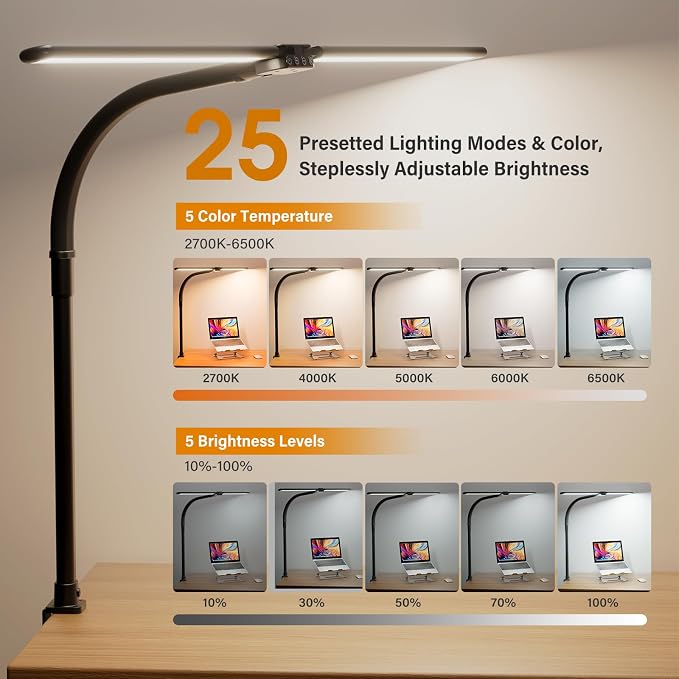LED Desk Lamp for Home Office - Dimmable Computer Desk Light with Clamp, Modern Architect Task Lamp with Color Changing, Flexible Desktop Lamp with Gooseneck for Monitor, Double Head, Black