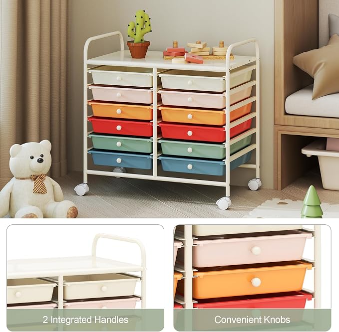 RELAX4LIFE 12-Drawer Rolling Storage Cart - Mobile Utility Cart on Wheels for School Classroom Teacher Office Salon, Paper File Art Supply Craft Organizer, Rolling Cart with Drawers (Macaron)