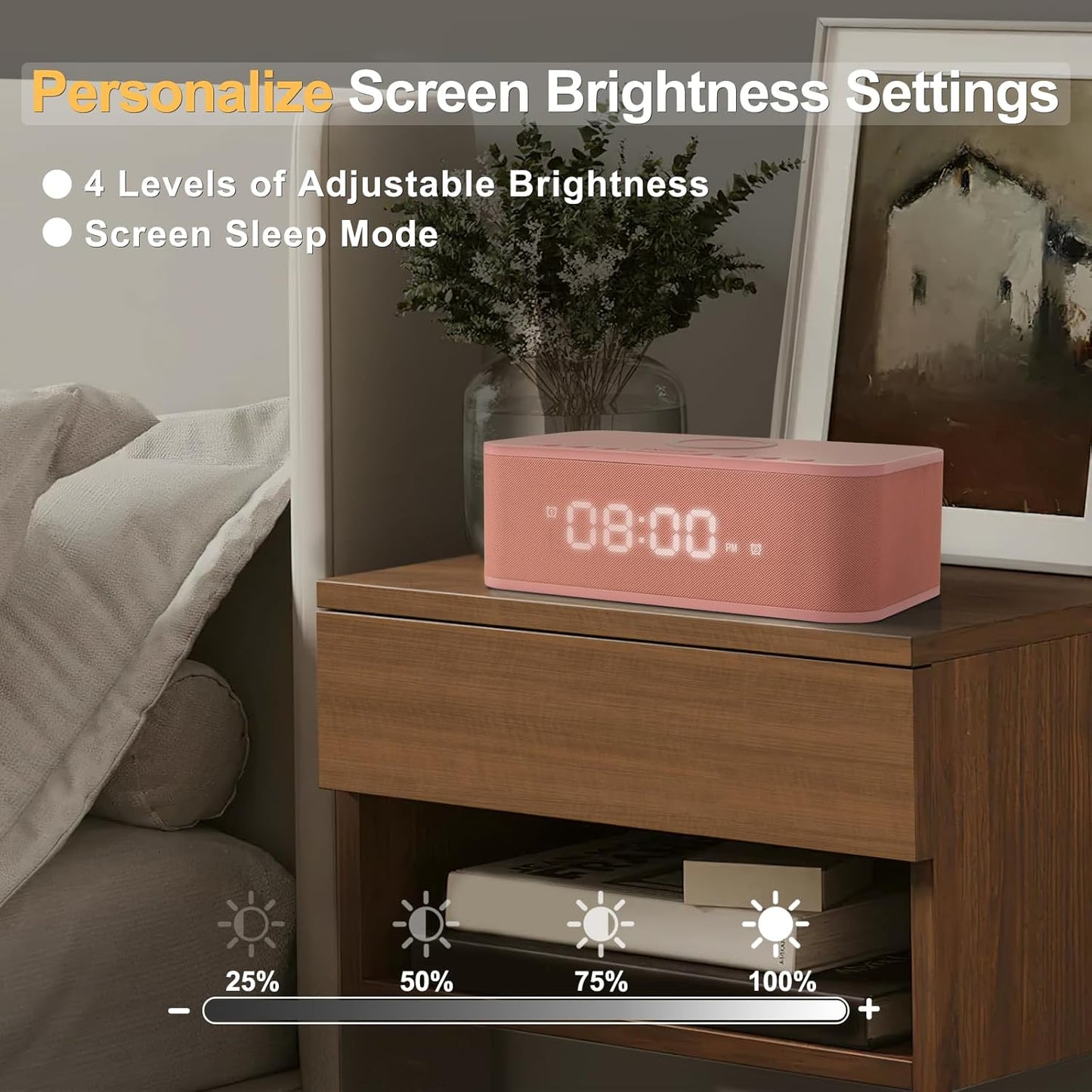 Alarm Clocks Large Snooze Button, Digital Clock USB Charger Port, Bluetooth Speaker Alarm Clock Bedroom AUX USB Bluetooth Speaker Wireless Charging 12/24H Dual Alarms Snooze Dimmer Sleep Timer, Pink