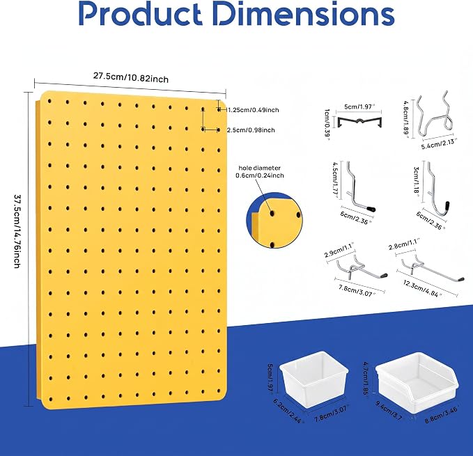 Steel Pegboard Tool Wall Organizer, 4 Pack 14.76 x 10.82 in, 6 Bins, Yellow | 6 clear storage bins organize screws and small parts; 36 hooks and 30 peg locks keep garage tools sorted and easy to reach.