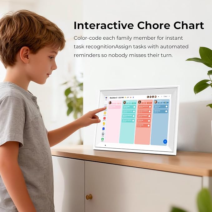 Digital Picture Frame, 10.1 Inch Digital Calendar with 1280 * 800 HD IPS Touch Screen, Smart Photo Frame Built-in 32GB Memory, Auto-Rotate Easy Setup to Share Photos or Videos via AiMOR APP (White)
