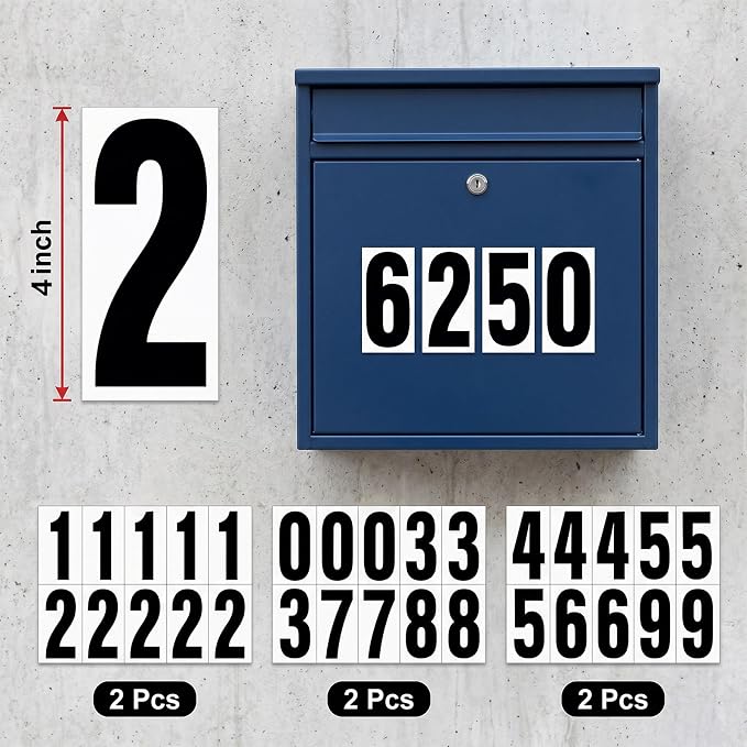Reflective Number Stickers, 6 Sets 4 Inch Vinyl Waterproof Black Mailbox Numbers for Outside, Strong Self-Adhesive House Numbers Decals for Mailbox Door Signs Trucks