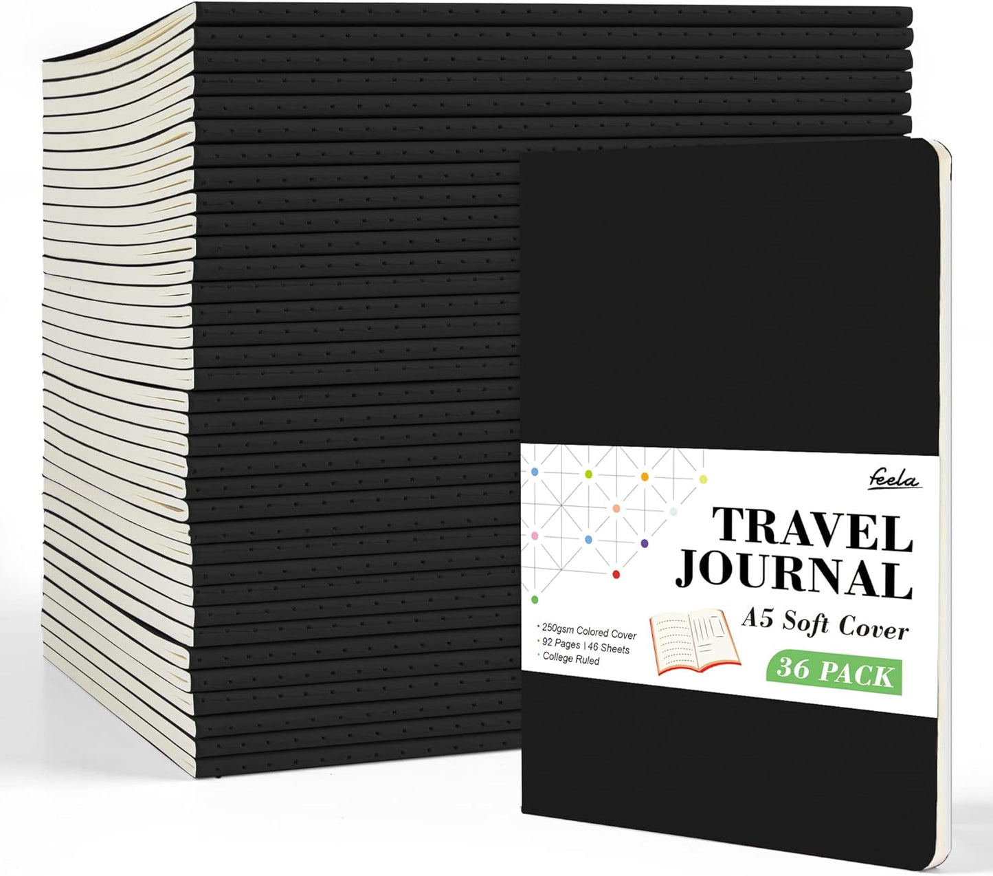 feela 36 Pack Soft Cover Journal Bulk, Lined Blank Travel Journal for Women Men Writing, Notebooks College Ruled for Work, Note Taking Notebook School Business Supplies, 8.2” x 5.5”, A5, Black