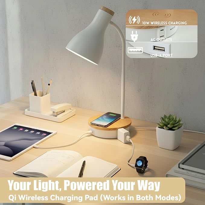 LALISU Desk Lamp for Home Office, 10W Wireless Charger Desk Light with USB C+AC Charging Ports,3 Ways Dimming Reading Light, Touch Table Lamp for College Dorm Room (White-Fast Charging (10W))