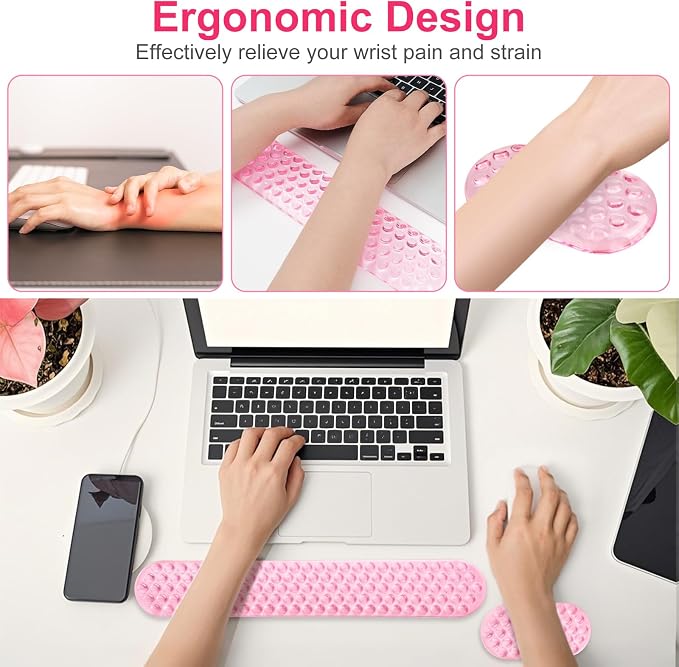 MOSISO Gel Wrist Rest Support for Mouse Pad&Keyboard Set, Pink | Ergonomic Massage Keyboard&Mouse Pad Set, Non-Slip Base Pain Relief&Soft Cooling Gel Computer Easy Typing Pad for Home/Office