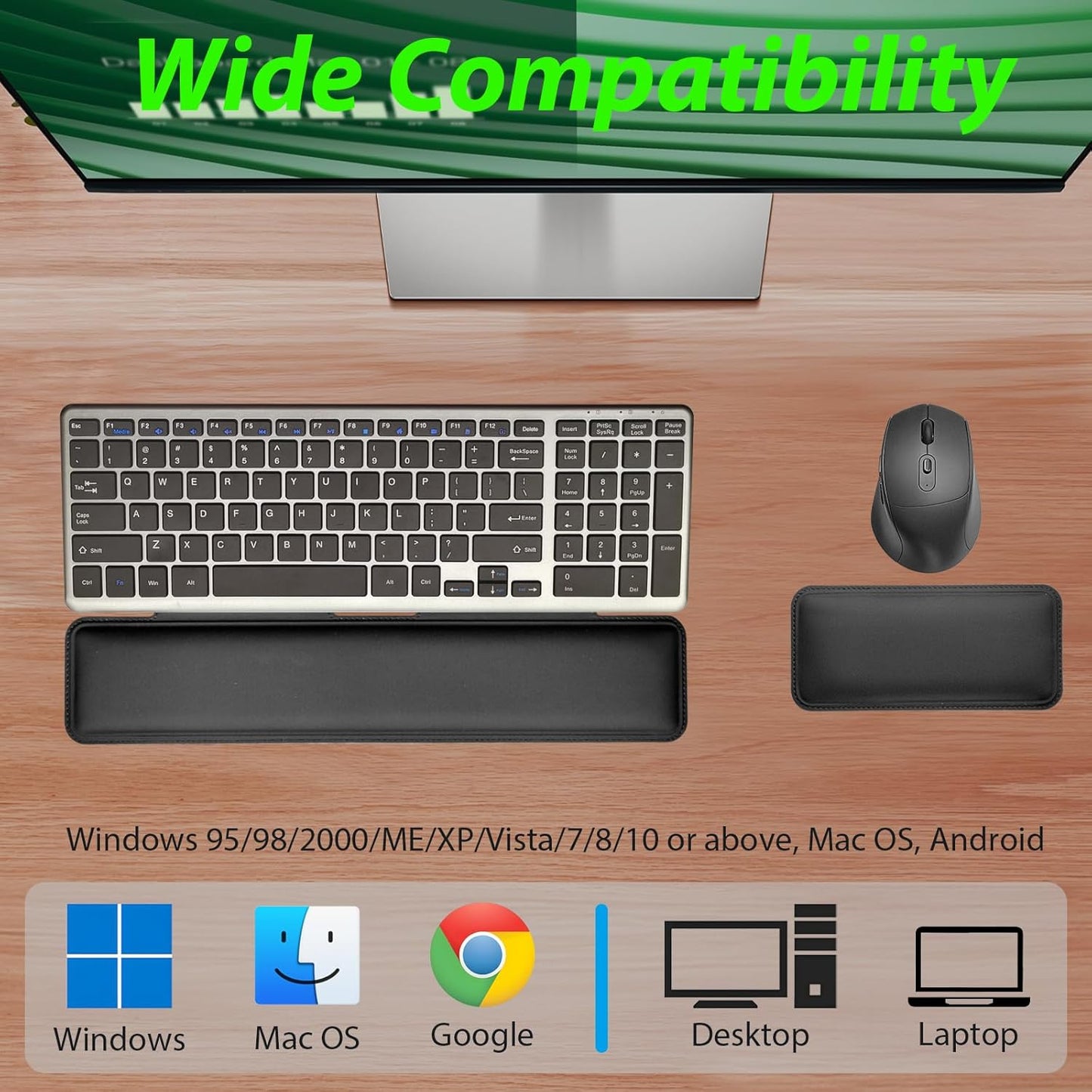 Wireless Keyboard and Mouse Combo with Keyboard Mouse Wrist Rest Pad - Ergonomic Design for Typing Pain Relief, Desk Pads Support Hand and Arm, 2.4G Stable Connection，Adjustable DPI