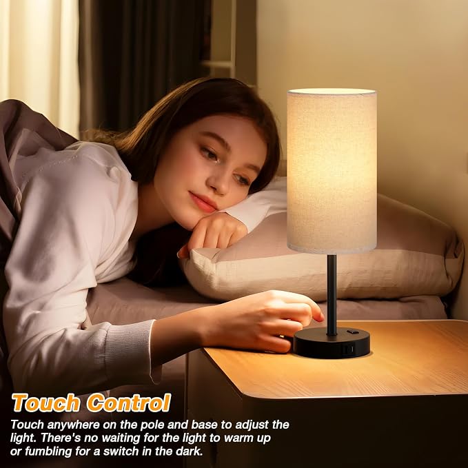 Dicoool 17.4" Bedside Lamp for Bedroom - Dimmable Touch, USB A+C, AC Outlet | LED Bulb Included, 3-Way Dimmable, 17.4" Table Lamp for Living Room, Dorm, Beige Fabric Lampshade, Black Metal Base