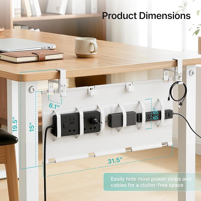 PEGZONE No Drill Under Desk Cable Management Tray, 31.5" Fabric Organizer | Clamp/Screw Premium Mount Cord Holder, for Power Strips, Adapters, with 2 Hooks & 1 Tie Roll for Home Office Gaming, White
