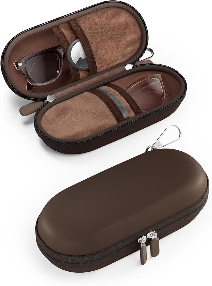 ProCase Hard Double Sunglasses Glasses Case for Men Women -Chocolate | Hard EVA Shell Shockproof Dual Eyeglass Case with Metal Hook Velvet Lining, Travel Zipper Organizer for Couple Gifts