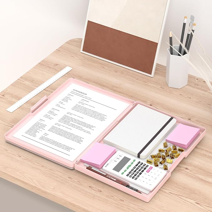 Rimilak Clipboard with Storage,8.5x11 2 Compartment Clip Board, Pink | Smooth Writing, Side-Opening Plastic Folder with Pen Holder, Size 13.3 x 9.4 x 1.5″,for Classroom, Teacher, Student