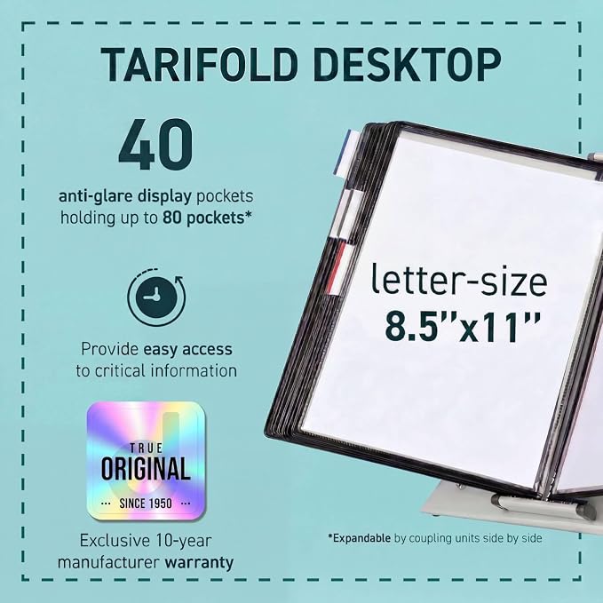 Tarifold Desktop Reference Display System, 40 Pockets, Expandable, Black | 40 double-sided PVC pockets, holds 80 letter-size sheets, sturdy metal base, quick-find indexing, quick and easy to assemble