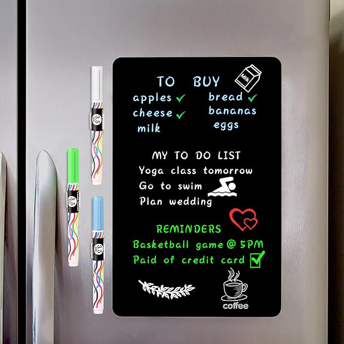 Magnetic Black Dry Erase Board Fridge Chalkboard Sheet 12"x8" | Easy to Read with 3 Bright Colors Chalk Markers, Small Refrigerator Magnet Blackboard for To Do List, Notes & Reminder
