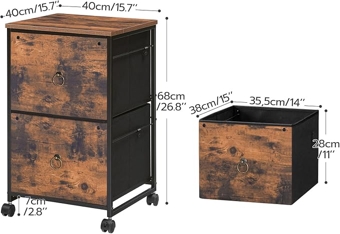 HOOBRO 2 Drawer Mobile File Cabinet, Rolling Printer Stand, Vertical Office Filing Cabinet for Home Office, A4/Letter Size, Nonwovens Drawer, Rustic Brown BF20WJ01