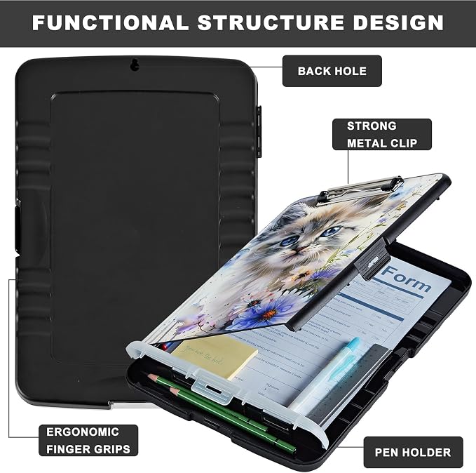 Clipboard with Storage,Storage Clipboard with Pen Holder,Heavy Duty Plastic Storage Clipboard with Low Profile Clip,Teacher Must Haves,Clipboard Folder,Office Supplies,Blue Cat and Flowers