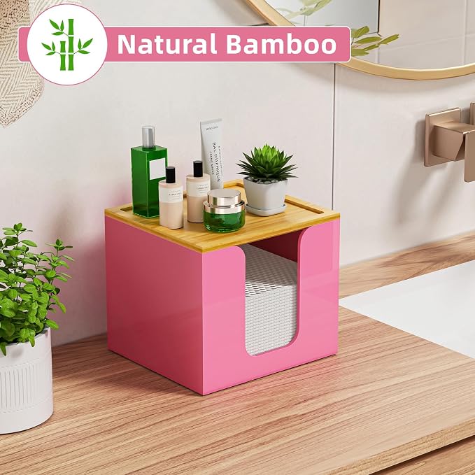 VITVITI Disposable Face Towel Holder for Clean Skin Club, Acrylic Box Pink | 50 XL Face Towels Holder Container, Facial Towel Storage with Bamboo Lid, for Bathroom, Vanity Makeup