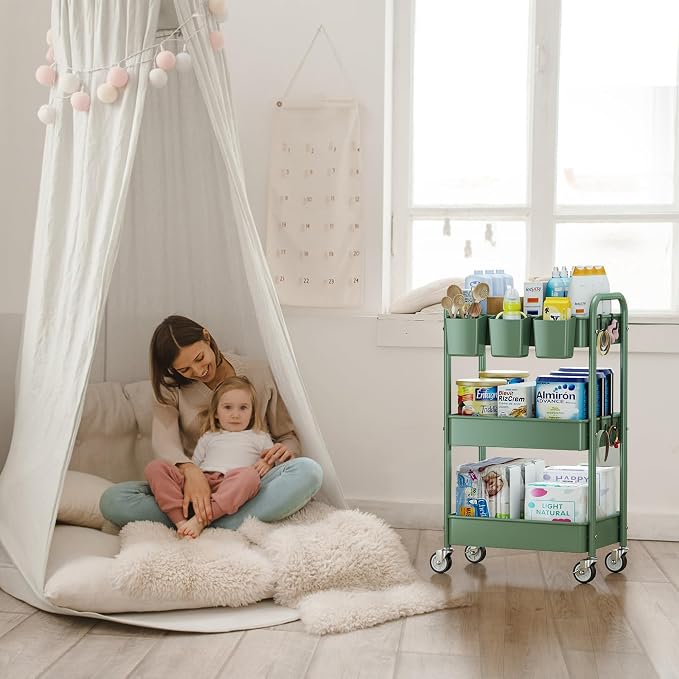 3-Tier Rolling Cart, Green, 66 Pounds Capacity, Mesh Storage Organizer with Lockable Wheels, 3 Hanging Cups, 4 Hooks, Easy Assembly, for Kitchen, Bathroom, Laundry, Grocery | Sturdy Rolling Storage Cart With Hooks & Hanging Cups, Great For Craft, Art W...