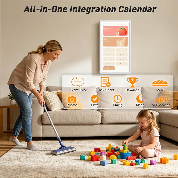 24" Digital Calendar Electronic-eCalendar WhiteBoard-Meal-Planner - Touchcreen Picture-Frame Display, Chore Chart, No Subscription, Star Reward, Auto-Sync Online via App, Wall Mount, Gifts for Mom