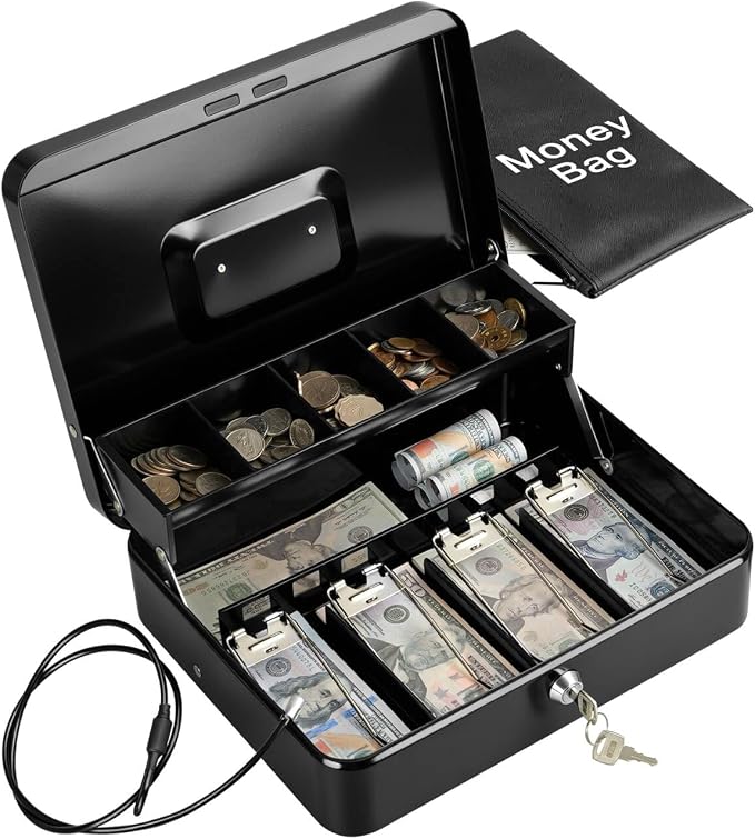 KYODOLED Metal Cash Box with Key Lock, Anti-Theft Cable & Waterproof Pouch | Heavy Duty 0.7mm Steel, Windproof Bill Clips, Hidden Compartment, for Flea Market Vendors & Small Business, 11.8", Black